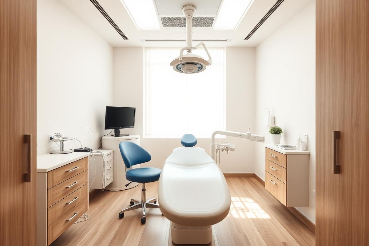 Dentist treating a patient in a clean dental office