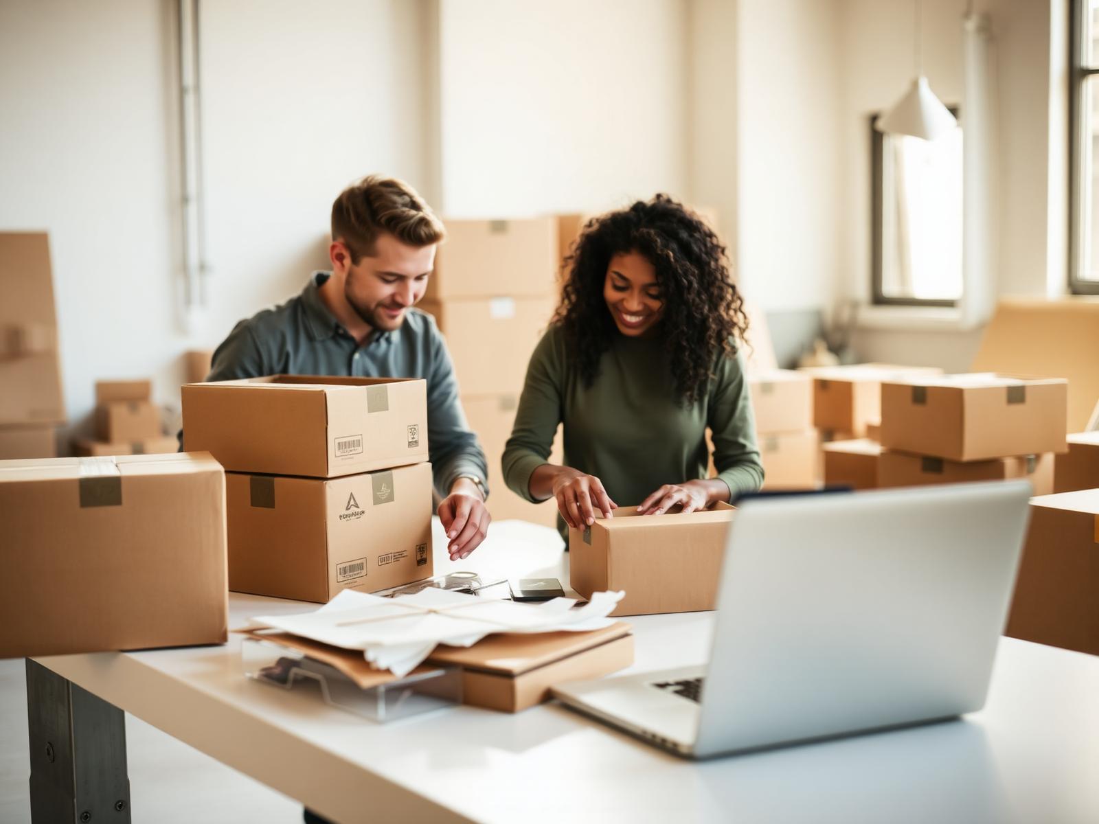Ecommerce team packing orders in a fulfillment workspace