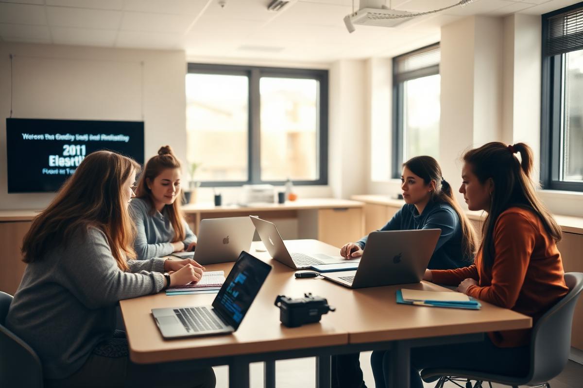 Instructor teaching a group of adult students in a bright classroom