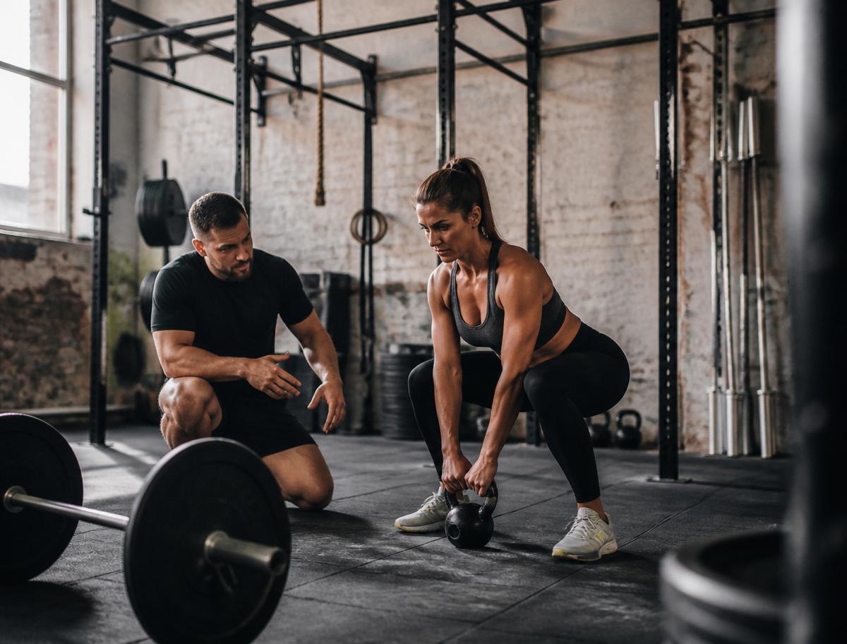 Personal trainer coaching a client in a functional gym