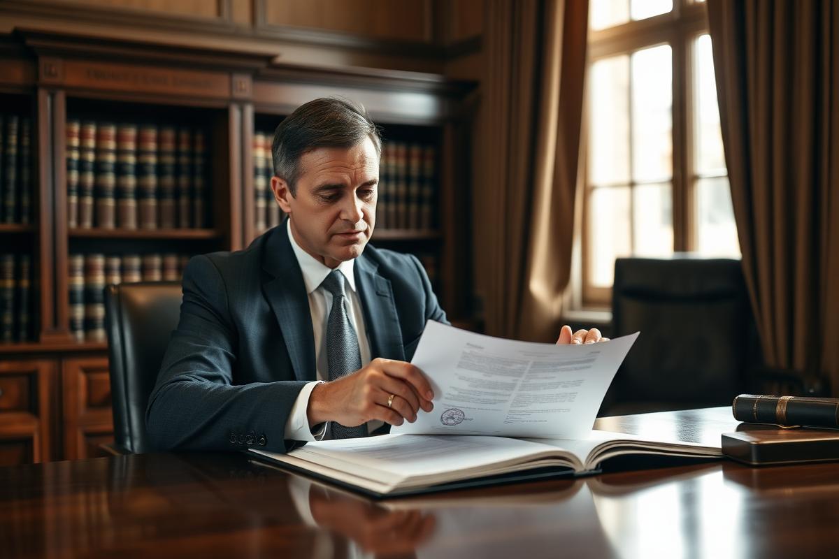 Attorney reviewing case documents at a law firm desk