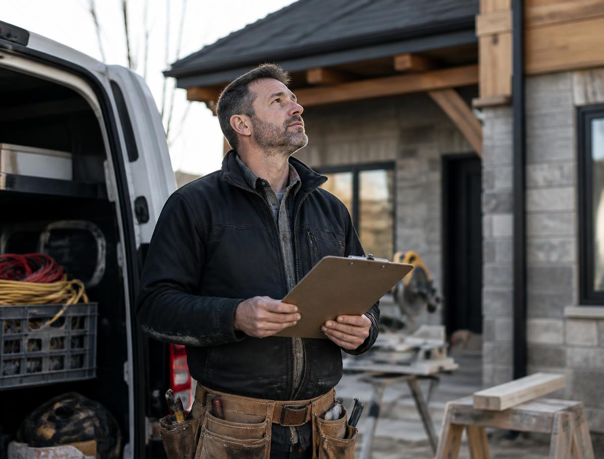 Contractor reviewing plans on a job site