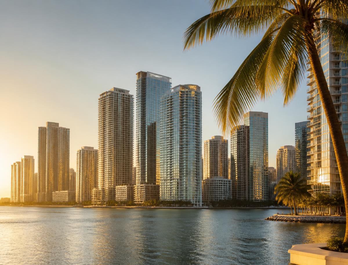 Miami skyline at dusk seen across the water